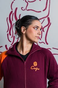 Dynamic portrait of a woman in colorful attire, perfect for modern lifestyle themes.